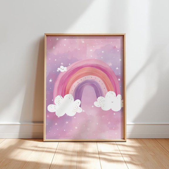 Pink Rainbow Poster: Glitter Stars Nursery Decor, Unframed Poster Size 24x36