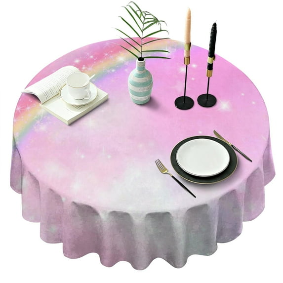 Pink Rainbow Romantic Round Table Cloth,Wrinkle Free Table Cover with Polyester,Waterproof Reusable Tablecloths for Kitchen Picnic Party (Round,60x60inch)