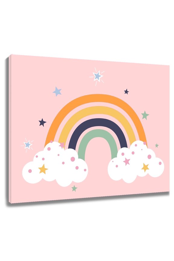 Pink Rainbow Canvas Wall Art Cute Cloud Nursery Wall Art Pink Nursery Wall Decor Framed for Girls Bedroom Bathroom Home Decor,16 X 12 inches