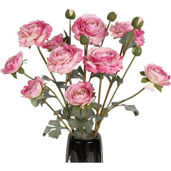 Pink Ranunculus Artificial Flower 5Heads '' Long Stems Silk Ranunculus Fake Buttercup Artificial Flowers for DIY Wedding Bouquets Home Kitchen Decorations (Pink)