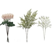 Pink Real Touch Rose Set with Greenery, 8 Pieces, Vase not Included