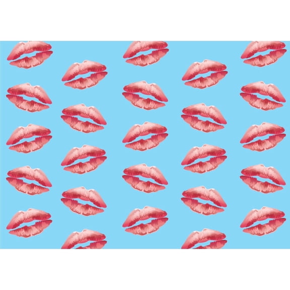 Pink Realistic Kissy Lip Pattern with Blue Background Edible Icing Image Cake Topper, by Tnct.