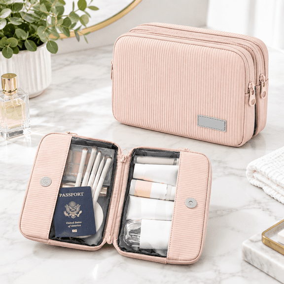 Pink Rectangle Corduroy Portable Travel Makeup Bag with Detachable Pouches