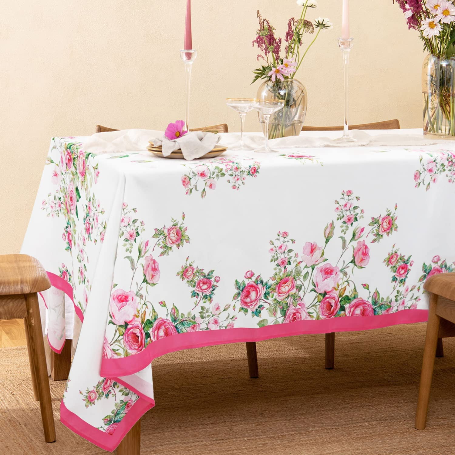 Pink Rectangle Tablecloth, Floral Tablecloth, Pink Flowers Print Table