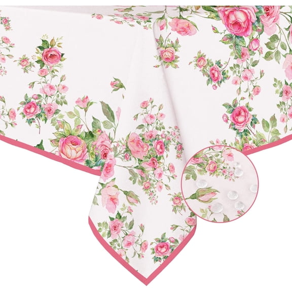 Pink Rectangle Tablecloth, Floral Tablecloth, Pink Flowers Print Table Cloth, Spring Summer Waterproof Wrinkle Free Rectangle Tablecloth for Rectangle Tables 60 X 84, 60 X 102, 60 X 120 Inch