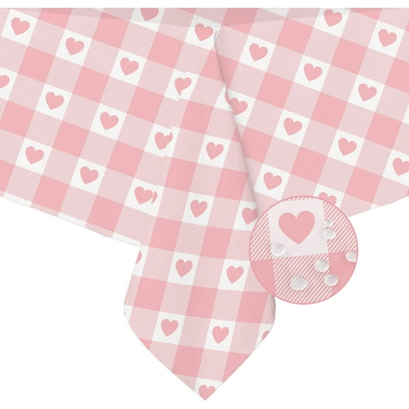 Pink Rectangle Tablecloth, Pink Checkered Plaid Gingham Tablecloth, Pink Heart Table Cloth, Spring Summer Waterproof Wrinkle Free Rectangle Tablecloth 60 X 84, 60 X 102, 60 X 120 Inch