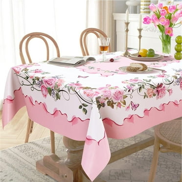 Pink Rectangle Tablecloth, Rose Flower Printed Tablecloth, Spring Summer Waterproof Floral Tablecloth 60x84inch, Suitable for Indoor and Outdoor, Holiday Kitchen Restaurant and Party