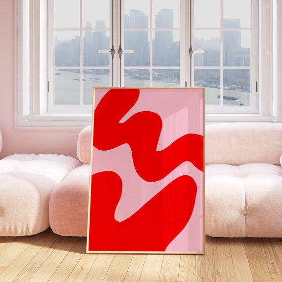 Pink Red Abstract Wall Art Trendy 70s Retro Wavy Shapes Preppy Home Decoration, Unframed Paper Poster 8x10in