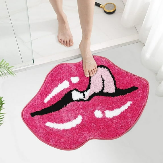 Pink Red Bathroom Rugs, Cute Lips Bath Mat Non Slip Lips Shaped Absorbent Bathtub Rug Bathroom Plush Shower Rugs