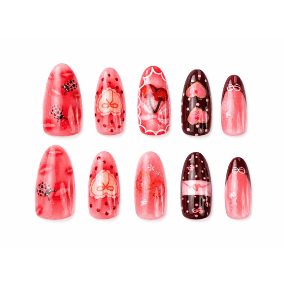 Pink Red Cherry Heart Bow Press on Nails, Short Almond Glossy False Nails, 30 Count