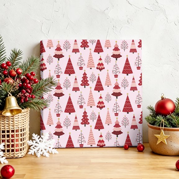 Pink Red Christmas Tree Seamless Canvas Artwork Painting Art, Cartoon Pine Tree Square Framed Wall Decorations Prints Picture for Bedroom Kitchen Living Room, 8x8 in