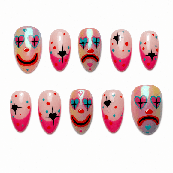 Pink Red Clown Face Press on Nails, Medium Almond Glossy False Nails with French Tip, 30 Count