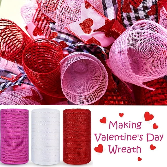 Pink Red Deco Mesh Ribbon for Wreath Making Supplies, 6 Inch x 30FT Metallic Foil Burlap Deco Mesh Fabric for Valentines Day Christmas New Year Wedding Wreath Swags and Decorating