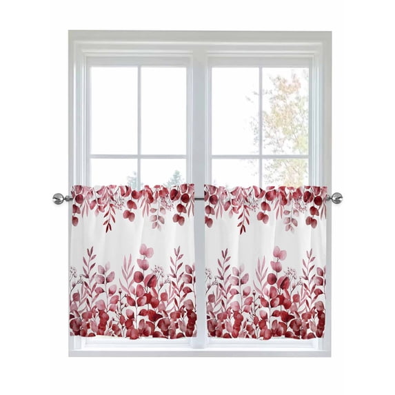 Pink Red Eucalyptus Leaves 2 Panel Kitchen Curtains for Small Windows, Watercolor Spring Summer Botanical Bathroom Tier Curtain, Short Window Treatment for Bedroom/Living Room 55"x36"