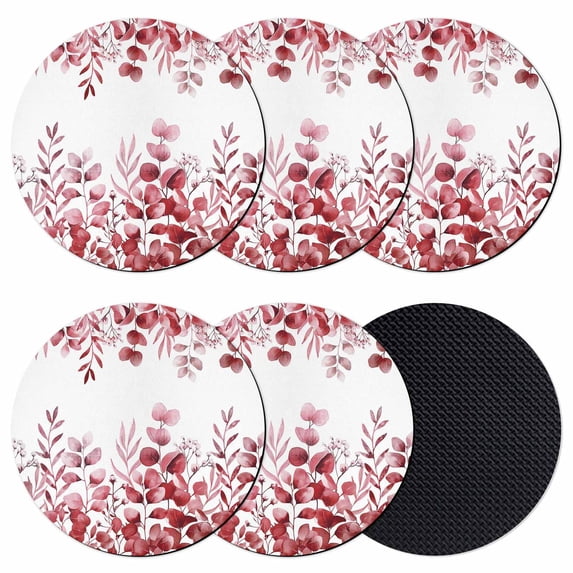 Pink Red Eucalyptus Leaves Coasters Set of 6, Absorbent Coasters for Drinks, Watercolor Spring Summer Botanical Coaster for Desk Coffee Table Protection, Home Decor House Warming Gifts 4"