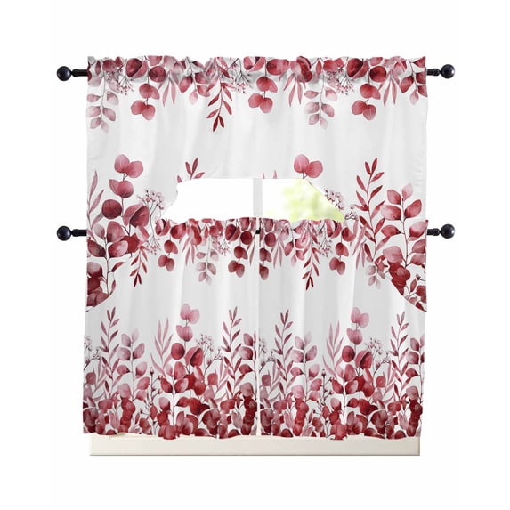 Pink Red Eucalyptus Leaves Swag Kitchen Curtains Sets for Windows 24 Inch Length, Watercolor Spring Summer Botanical Short Window Curtain Swags Valances and Tiers 3 Piece Set for Cafe/Dining Room