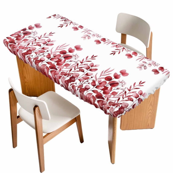 Pink Red Eucalyptus Leaves Table Cloths for 6 Foot Rectangle Tables, Watercolor Spring Summer Botanical Patio Waterproof Elastic Fitted Tablecloths, Washable Rectangular Table Cover for Camping
