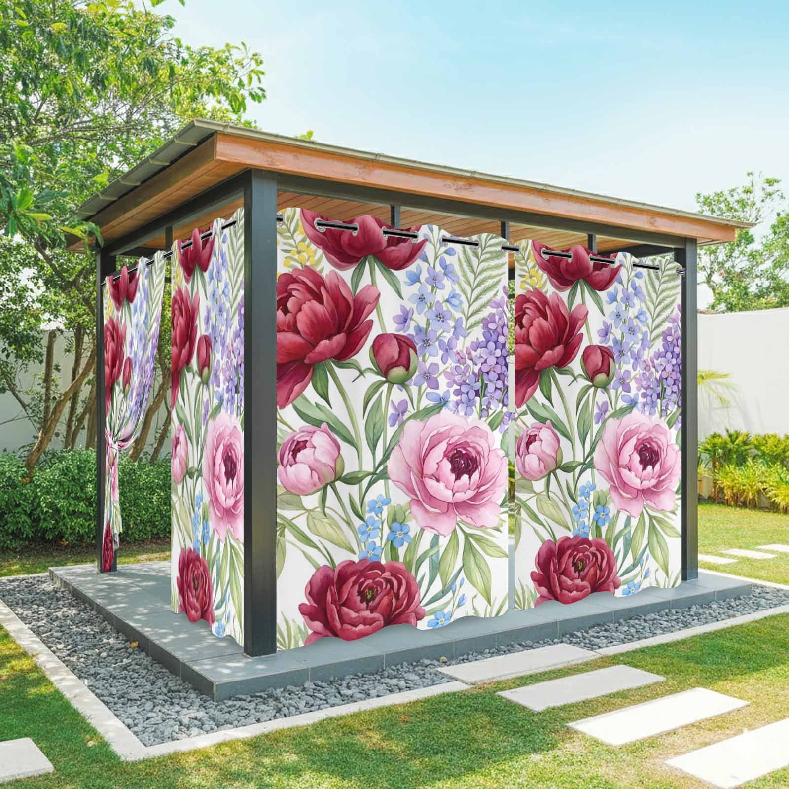 Pink Red Floral Outdoor Curtains for Patio, Country Watercolor Pink Purple Red Flowers Sunshade Privacy Drapes Grommet Waterproof Outside Curtains for Porch/Cabana/Balcony 54"x 108", 1 Panel