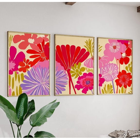 Pink Red Floral Retro Flower Triptych Art Set 3 Unframed Paper Print 8x12