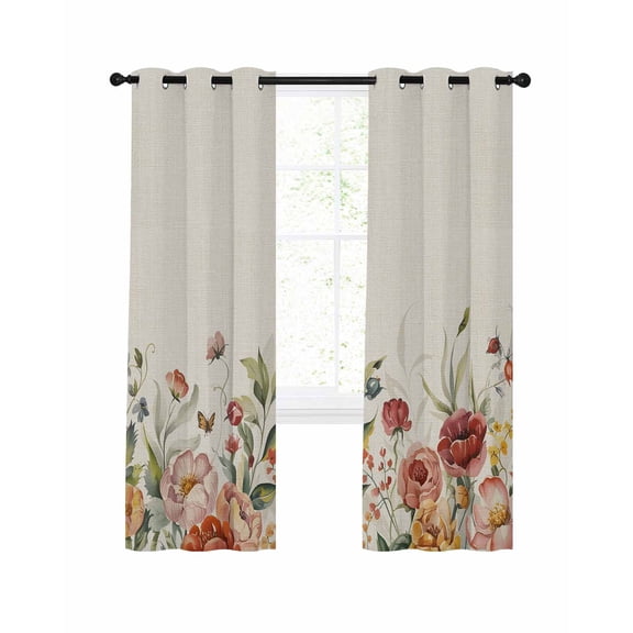 Pink Red Flower Blackout Curtains for Bedroom Living Room, Wildflower Leaf Butterfly 39 In Long Thermal Insulated Room Darkening Drapes Grommet Window Treatments, 27.5 x 39 In