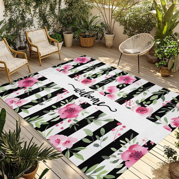 Pink Red Flower Outdoor Rug for Patio/Deck/Porch, Non-Slip Large Area Rug 3 x 5 Ft, Watercolor Floral Leaf Black White Stripe Indoor Outdoor Rugs Washable Area Rugs, Camping Rug Carpet Runner