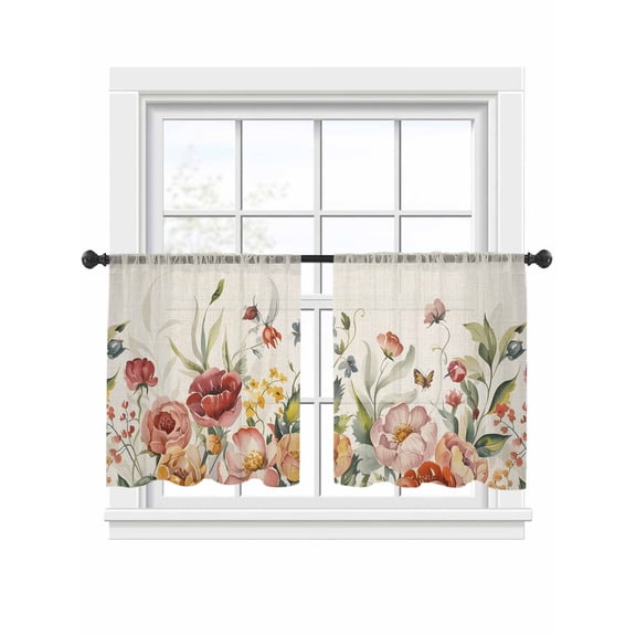 Pink Red Flower Sheer Curtains for Living Room Bedroom, Wildflower Leaf Butterfly Light Filtering Sheer Curtain Rod Pocket Voile Window Treaments Drapes, 52 x 45 Inches