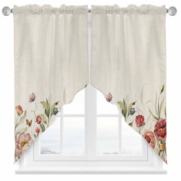 Pink Red Flower Swag Kitchen Curtain Valances, Wildflower Leaf Butterfly Rod Pocket Curtains Window Treatment Decor Valances for Bedroom Bathroom, 2 Panels 28 x 36 Inch