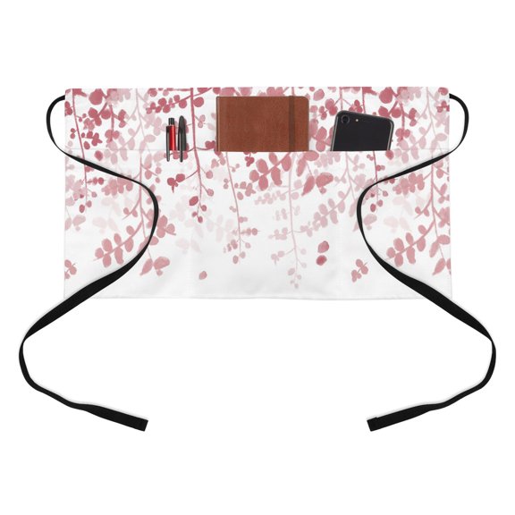 Pink Red Gradient Leaf Kitchen Restaurant Half Waist Apron, Rustic Eucalyptus Leaves Farm Plants Server Short Apron with 3 Pockets Waterproof Oil Waist Aprons for Women Waitress Waiter