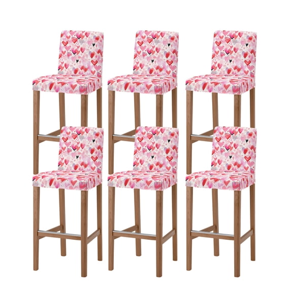 Pink Red Love Heart Valentines Bar Stool Covers Set of 6, Watercolor Love Heart Stretch Washable Bar Chair Covers with Backs, Removable Pub Counter Height Chair Cover for Kitchen Dining Room Cafe