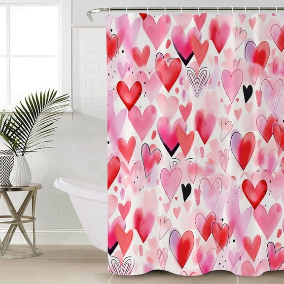 Pink Red Love Heart Valentines Extra Long Shower Curtain Set, Waterproof Shower Curtains for Bathroom, Watercolor Love Heart Washable Fabric Cloth Bath Curtain for Bathtub with Hooks 72x96 Inches