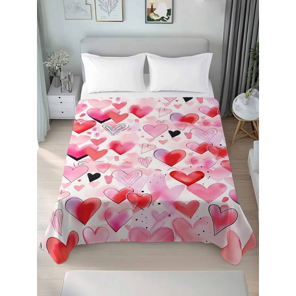 Pink Red Love Heart Valentines Queen Size Flat Sheet, Wrinkleproof & Fadeproof Cooling Flat Bed Sheet Only, Watercolor Love Heart Breathable Soft Bedding Top Sheets 90 x 102 Inches