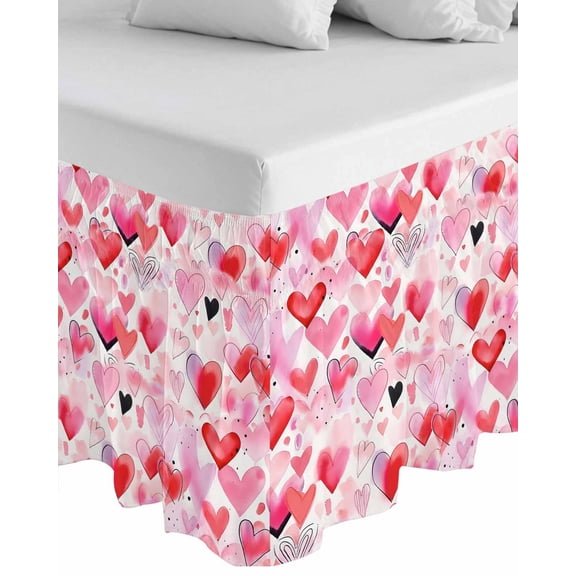 Pink Red Love Heart Valentines Wrap Around Bed Skirts for Queen Bed 18" Drop,Bed Skirt with Adjustable Elastic Belt Dust Ruffle Bed Valance for Bedroom Hotel Watercolor Love Heart Bed Frame Cover
