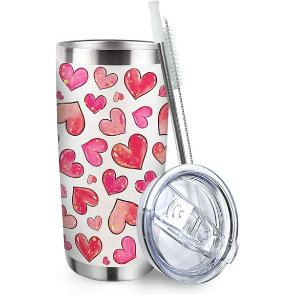 Pink Red Love Hearts Tumbler with Lid and Straw, Valentine''s Day Gifts for Women, Anniversary Wedding Holiday Stainless Steel Travel Coffee Cup, 20oz Double Wall Vacuum Insulated Mug
