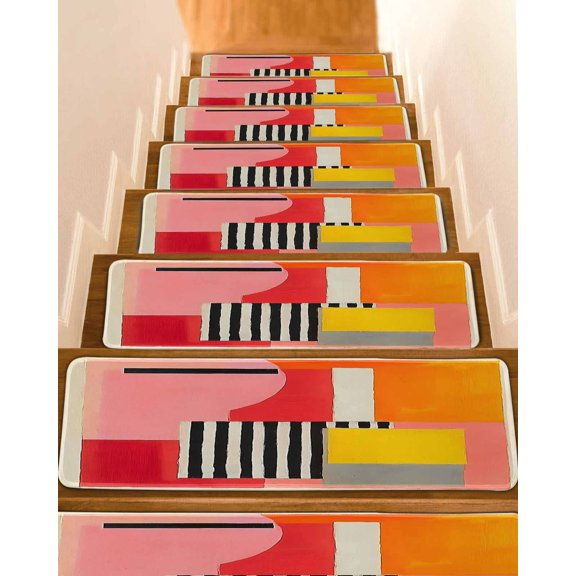 Pink Red Orange Stair Treads for Wooden Steps Indoor Runner Rug Carpet, Modern Abstract Oil Painted Geometric 7 Pieces Peel and Stick Staircase Step Treads Covers Washable Throw Door Mats, 30"x8"