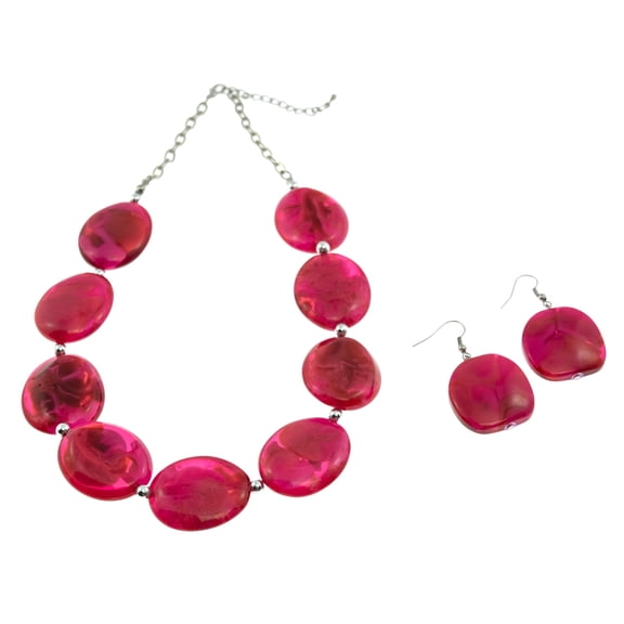 Pink Red Resin Statement Necklace and Earring Set - Summer Fashion Jewelry Necklace Earring Silver