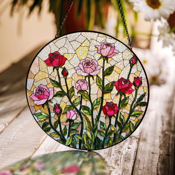 Pink & Red Rose Garden Round Stained Glass Style Suncatcher, Floral Window Decor Gift for Mom or Garden Lovers