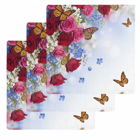 Pink Red Roses Kitchen Dish Towels for Drying Dishes Set of 3, Spring Floral Butterflies Abstract Art Waffle Weave Microfiber Hand Tea Bathroom Towels Quick Dry & Absorbent Towel 12x12