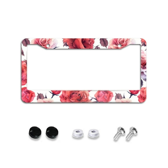 Pink Red Roses License Plate Frames for Women Men Car Plate Holder Cover Metal Tag Aluminum Car Accessories Front Rear Plate Decor