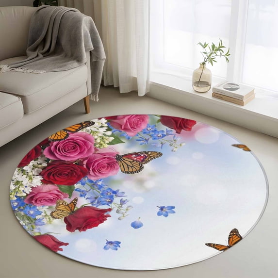 Pink Red Roses Round Area Rug 3.3Ft Washable Circle Rugs for Dining Room Table, Spring Floral Butterflies Abstract Art Non-Slip Carpet Floor Mats Indoor Outdoor Carpet Runner Aesthetic Home Decor
