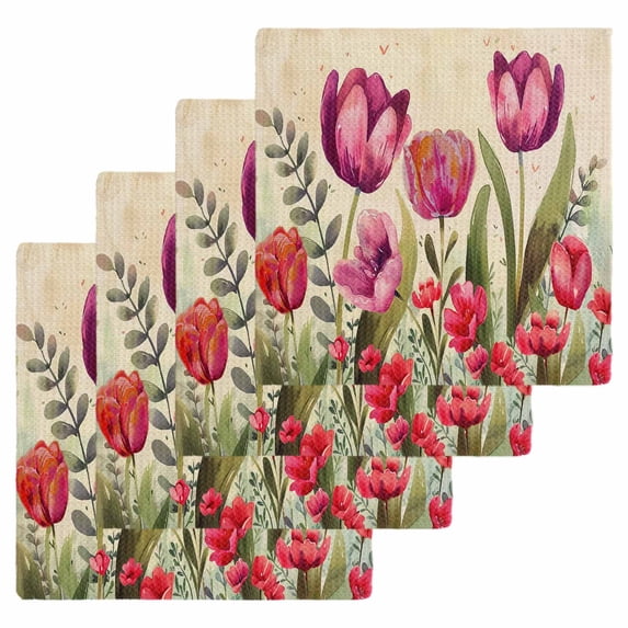 Pink Red Spring Floral Kitchen Dish Towels for Drying Dishes Set of 4, Summer Botanical Tulip Vintage Waffle Weave Microfiber Hand Tea Bathroom Towels Quick Dry & Absorbent Towel 12x12