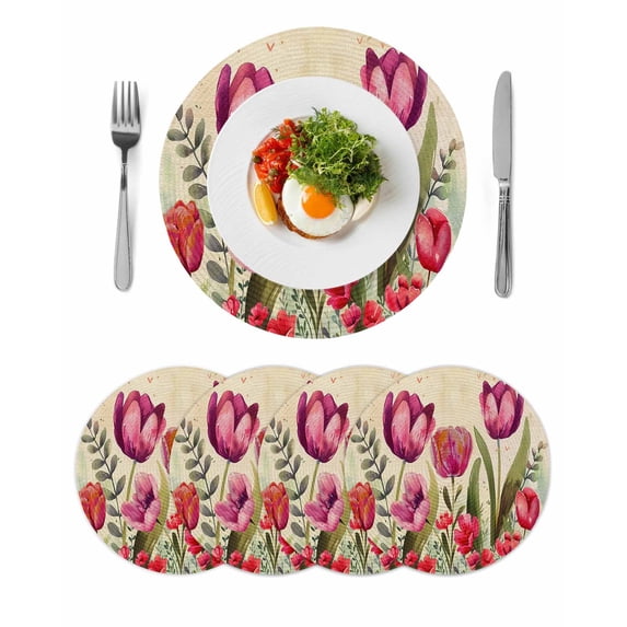 Pink Red Spring Floral Round 13 Inch Placemats Set of 4, Summer Botanical Tulip Vintage HeatResistant Non Slip Place Mats for Dining Table, Wipeable Braided Kitchen Table Mats for Housewarming