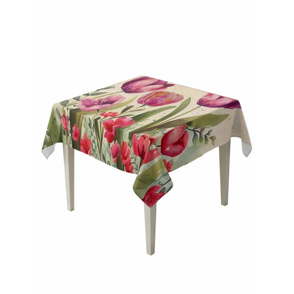 Pink Red Spring Floral Table Cloth, Summer Botanical Tulip Vintage Waterproof Tablecloth for Square Tables, Reusable Washable Fabric Table Cover for Restaurant Kitchen Dining Tables 54"x54"
