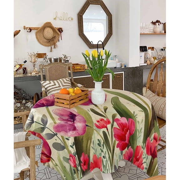 Pink Red Spring Floral Tablecloth Square Table Cloth 60x60 , Waterproof Tablecloth Outdoor Table Cloth, Summer Botanical Tulip Vintage Washable Table Cover for Kitchen Dining Party