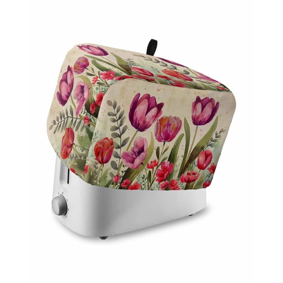 Pink Red Spring Floral Toaster Cover 2 Slice, Summer Botanical Tulip Vintage Dustproof Bread Machine Oven Cover with Storage Pockets, Fits Most Kitchen Toasters Protector