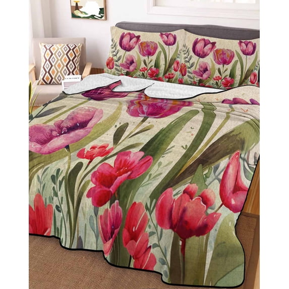 Pink Red Spring Floral Twin XL Size Down Alternative Comforter, Lightweight Comforter Quilt Bedding Set with Pillow Shams Summer Botanical Tulip Vintage All Seasons Bed Comforter Duvet Insert 68"x98"