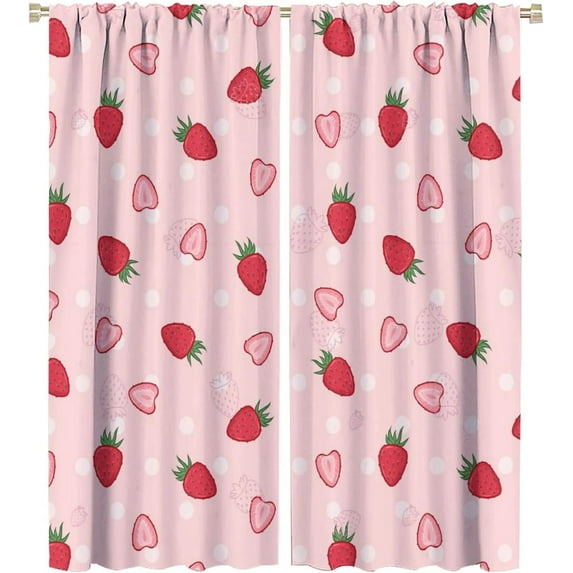 Pink Red Strawberry Rod Pocket Blackout Curtains for Living Room,Room Darkening Girls Cartoon Cute Fruit Strawberry Print Window Curtains,2 Panels 54L x 21W