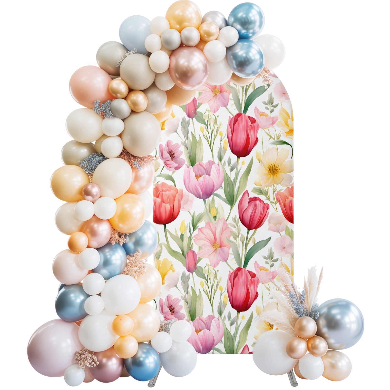 Floral Backdrop Spring Pattern Pink Red Tulip Arch Backdrop Covers 6.6 FT, Spring Floral Stretchy ...