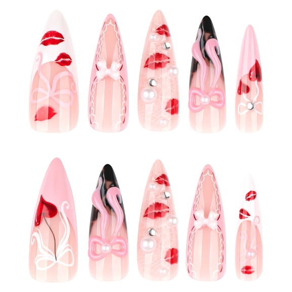 Pink with Red White Black Accents Lip Print Bow Heart Press on Nails, Long Pointed Almond Glossy Fake Nails with Raised 3D Bows Pearl Rhinestone, 24 Count