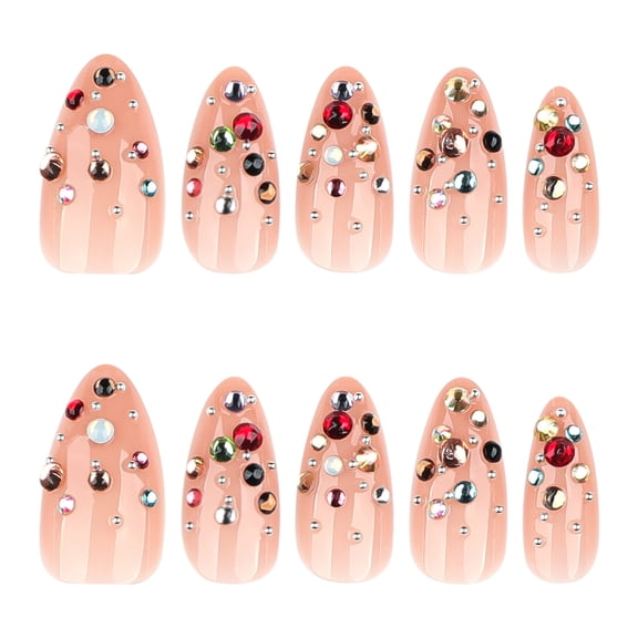 Pink, Red, and Blue Stiletto Press on Nails, Striped Glossy Fake Nails with Rhinestone Accents, 24 Count