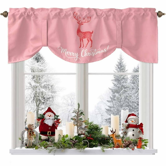 Pink Reindeer Tie Up Valances Curtain, Merry Christmas Snowflakes Winter Adjustable Rod Pocket Short Window Treatment Tie Up Curtains Valances for Kitchen Living Room Bathroom 42x12 Inches